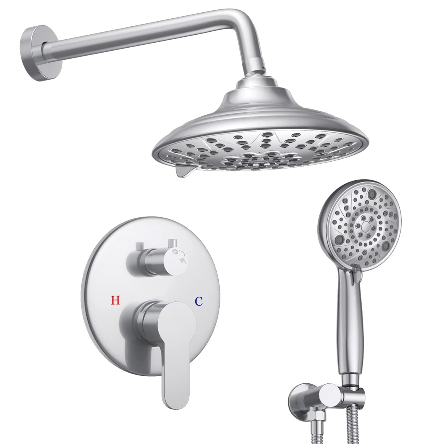 EMBATHERShower Faucets Sets Complete with 3 Setting High Pressure Shower Head, Bathroom Wall Mounted Rainfall Shower Fixtures with 8-Mode Handheld Spray, Polished Chrome