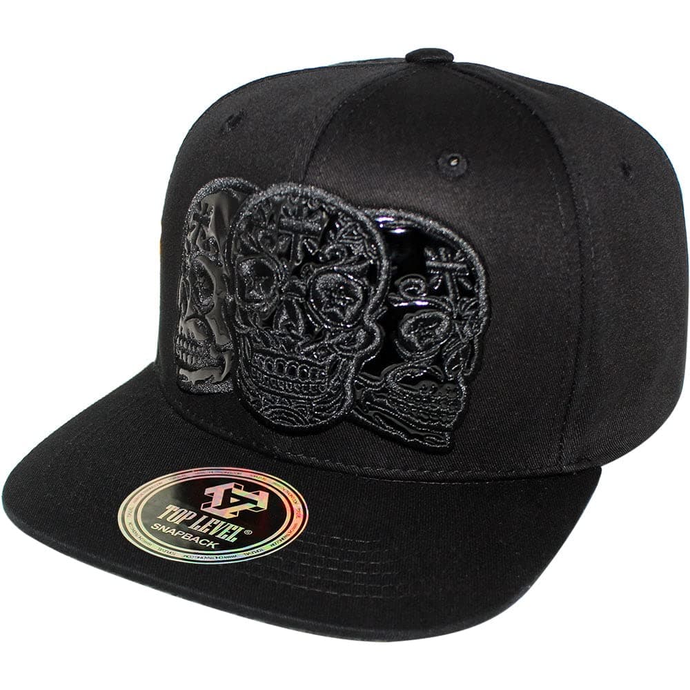 TOP Level Men's Adjustable Cotton Snapback Cap 9 (Various Unique Hat Designs Available), Skull Sugar Embossed / Black, One size