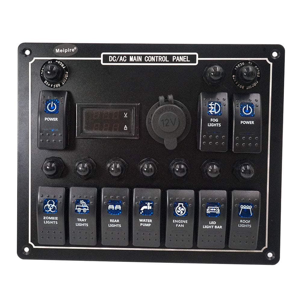 Meipire 10 Gang Rocker Switch Panel With Digital Voltmeter Ammeter LED Indicator Overload Protection USB Car Cigarette Lighter Socket Charger For Car Boat Marine(10 Gang Rocker Switch Panel)