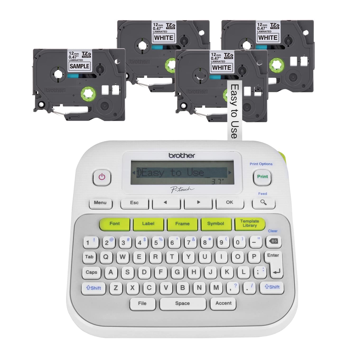 P-Touch PT-D210 Label Maker Value Bundle Includes 4 Label Tapes, Easy-to-Use, Home and Office Organization, White