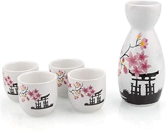 ABuff Japanese Sake Set, 1 Tokkuri Bottle & 4 Ochoko Cups, Spring Blossoms Ceramic Sake Set Microwave and Dishwasher Safe