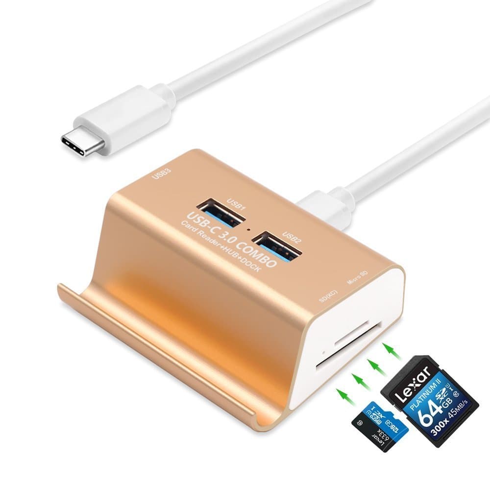GZCRDZ USB 3.0 Card Reader + 3-Port USB 3.0 Hub + Phone Holder, Super Speed Multi-in-1 Aluminum USB-C 3.0 Combo, SD/TF/MicroSD Card Reader HUB for MacBook/Laptop/Tablets/More Type-C Devices (Gold)