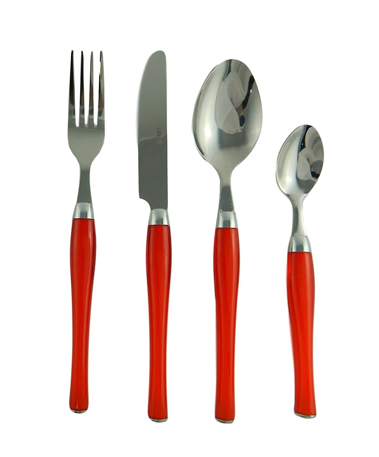 Red Plastic Handle Stainless Steel Flatware Silverware Service for 6, 24 Pieces
