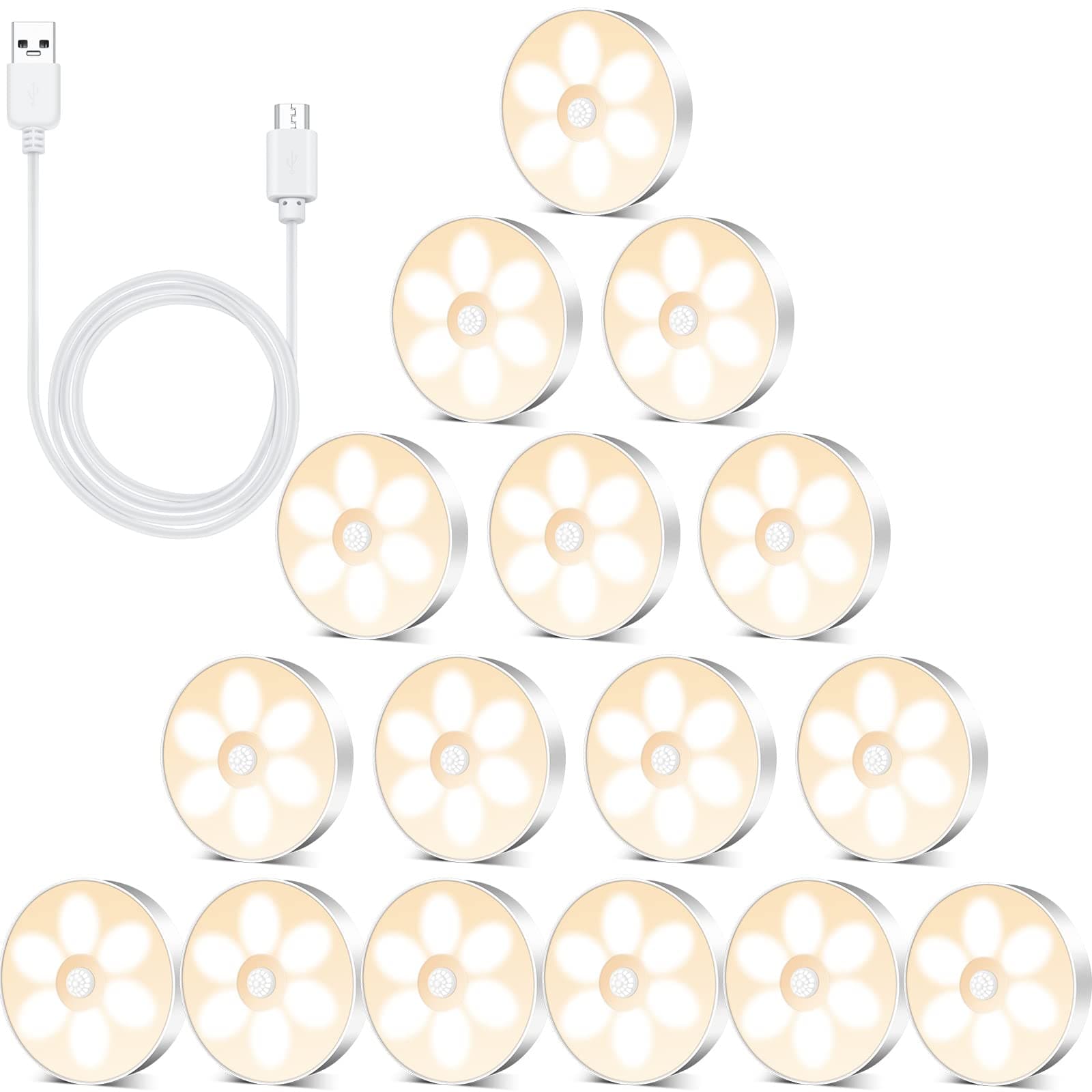 16 Pieces LED Closet Lights Powered USB Motion Sensor Puck Light Rechargeable Motion Sensor Light Wireless Smart Stair Lights LED Puck Under Cabinet Lighting Night Light for Indoor (Yellow Light)