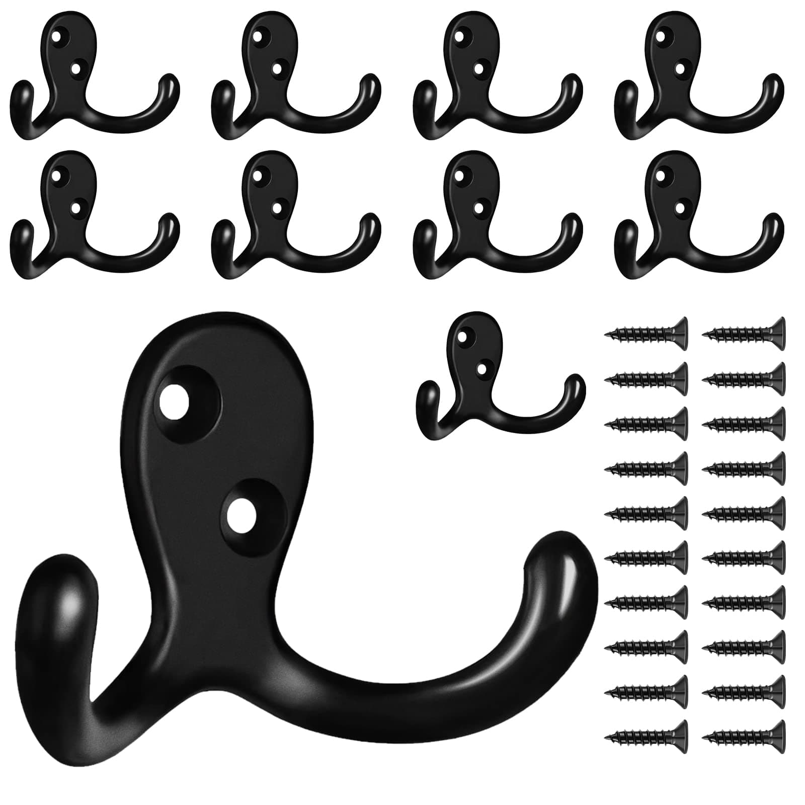10 Pack Coat Hooks Wall Hooks for Hanging, Heavy Duty Double Prong Metal Hook Wall Mounted for Living Room, Bathroom, Kitchen, Bedroom for Coat, Bag, Scarf, Towel, Hat, Key, Cup (Black)