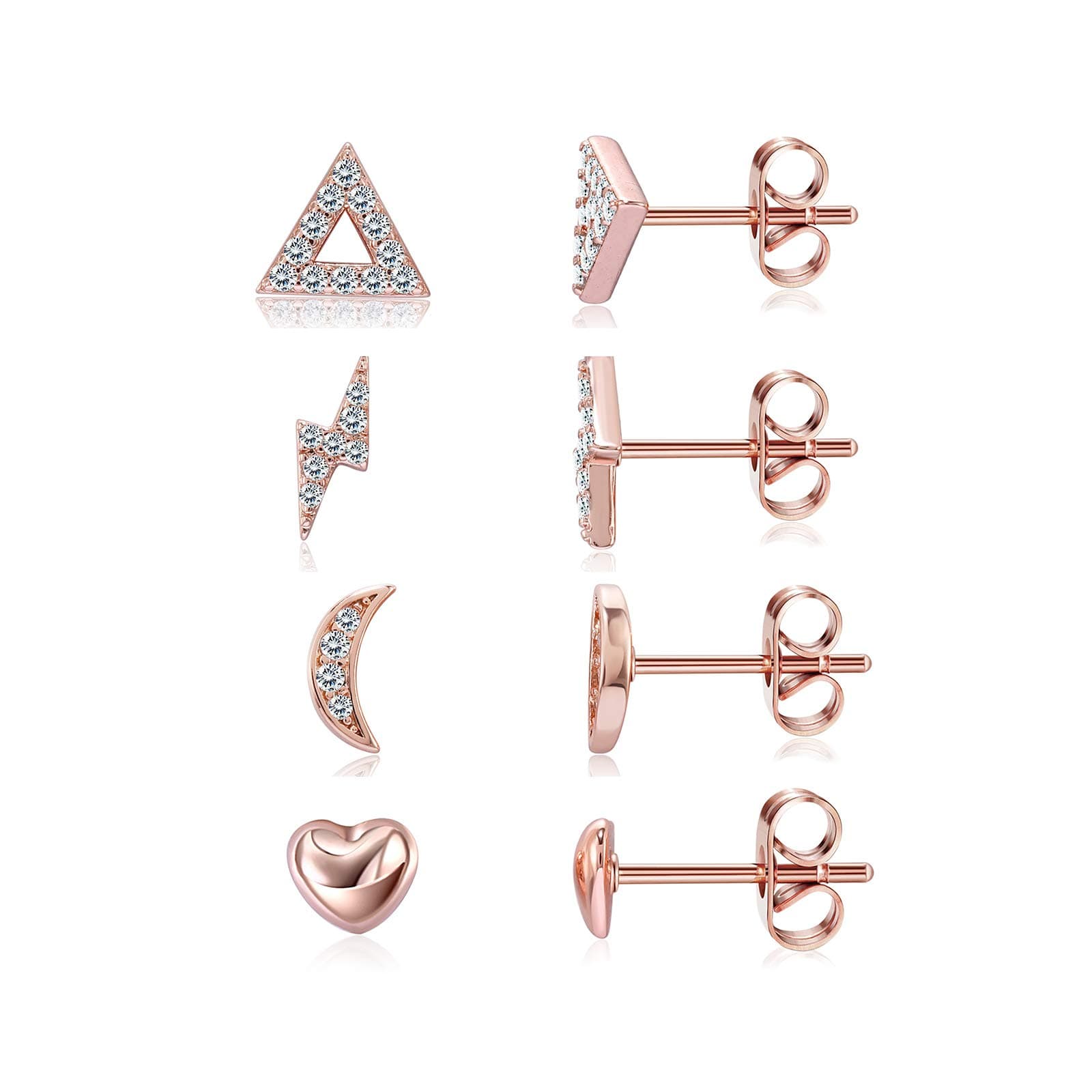 Raintoad 4 Pairs Sterling Silver Sparkling Earrings Stud Geometric Earrings Set Heart Moon Triangle Lightning CZ Stud Small Studs Earrings for Womens Girls