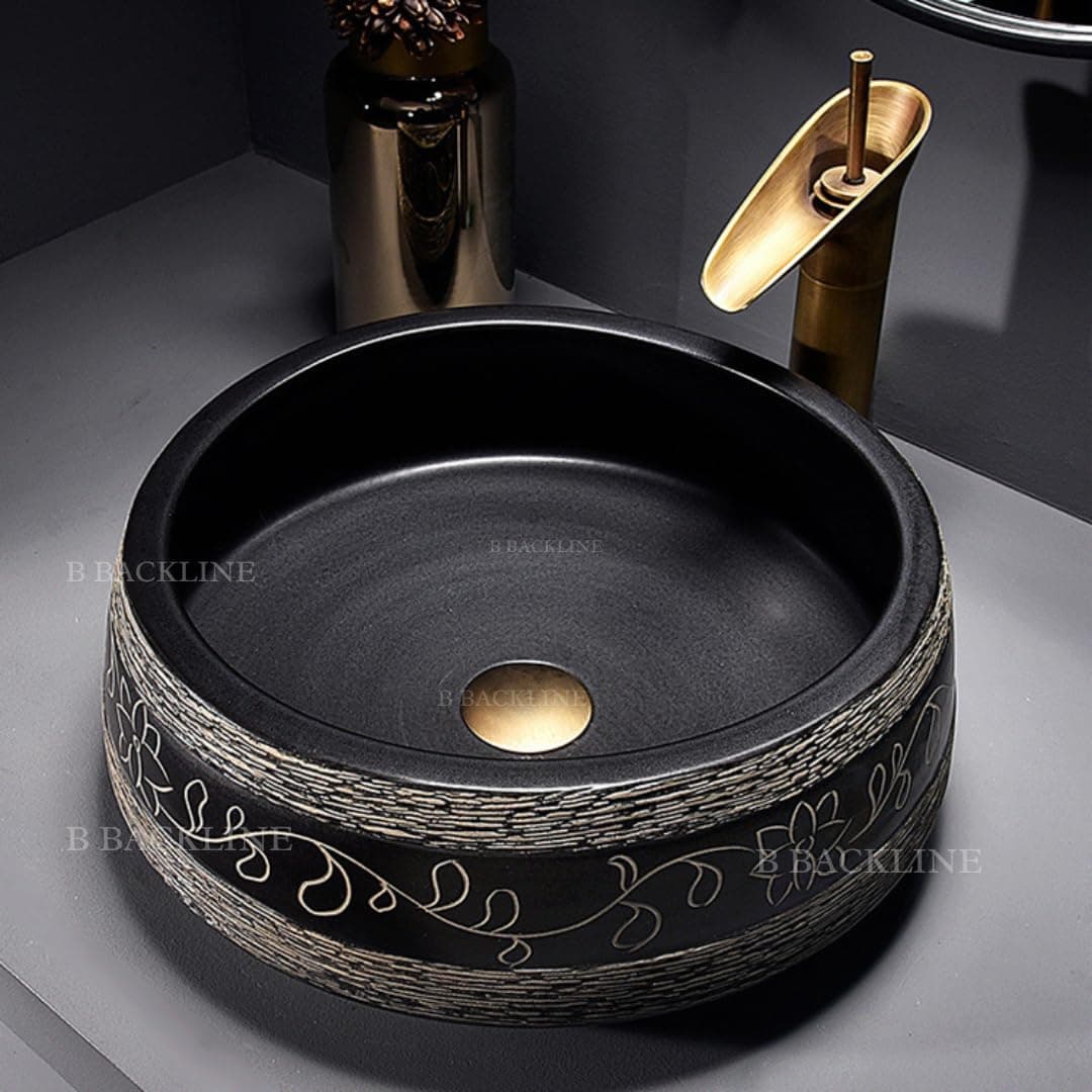 Ceramic Table Top Wash Basin/Countertop Basin Bathroom Sink/Art Basin For Bathroom & Livingroom 16.5 X 16.5 X 6 Inches (Black Matt)