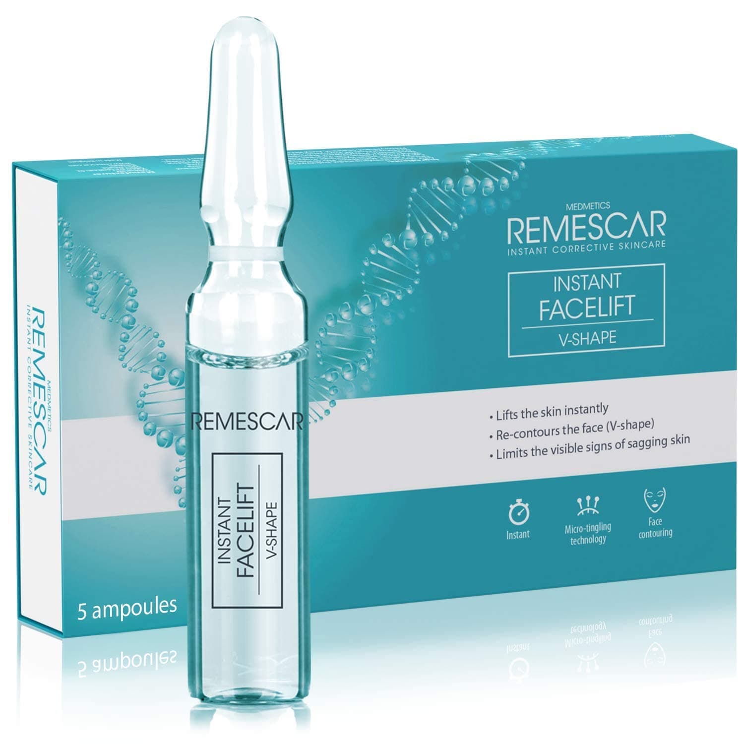 Remescar Instant Facelift V-Shape 5 Ampoules with Peptides & Deep-Sea Microalgae – Recontours & Firms the Face – Microneedling Technology - 5 Day Supply