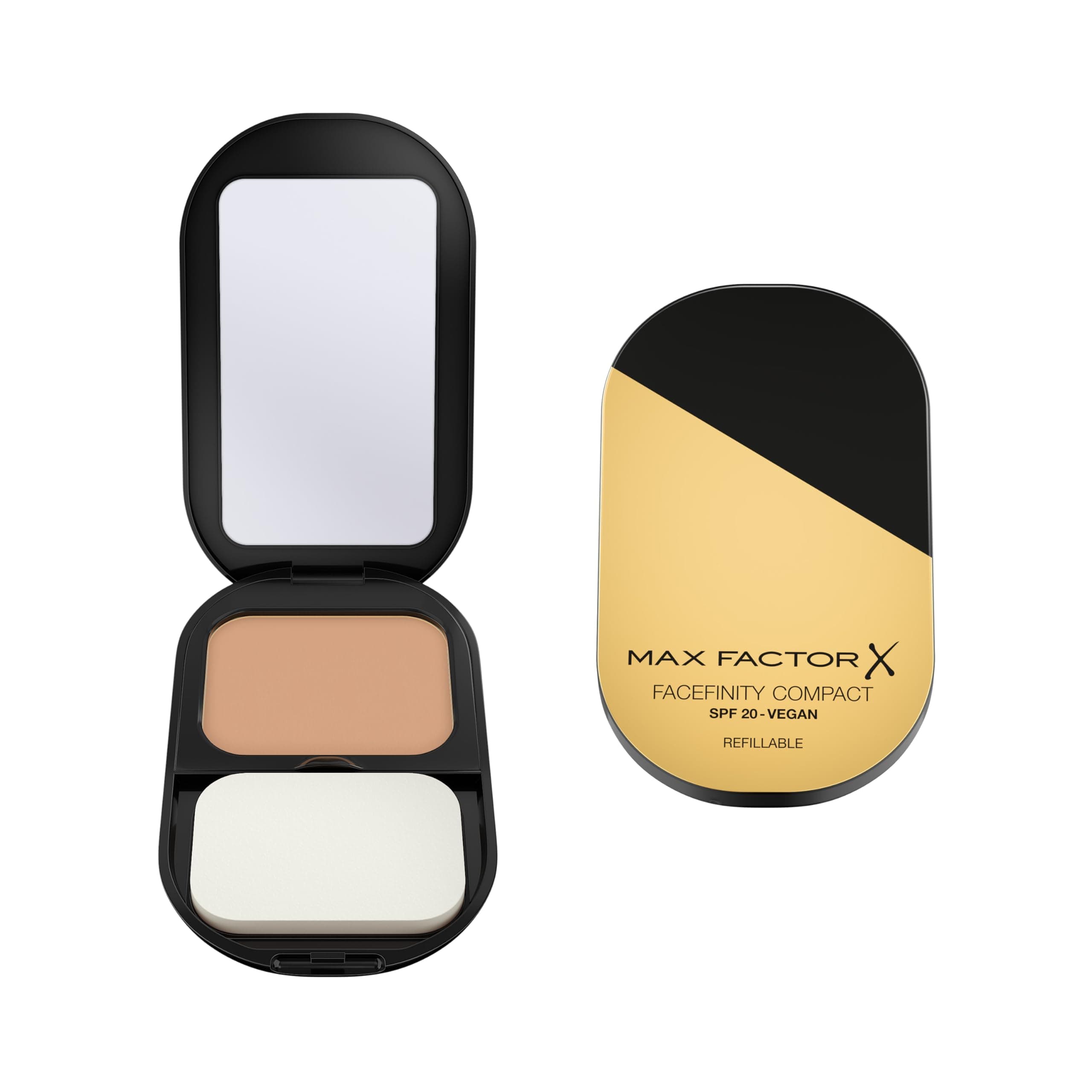 Max Factor Facefinity Compact Foundation, Compact Powder, Refillable Foundation, Vegan Formula, Buildable Full Coverage Foundation & Matte Finish, Up to 24hr Wear, SPF20, 001, Porcelain, 10g (0.4oz)