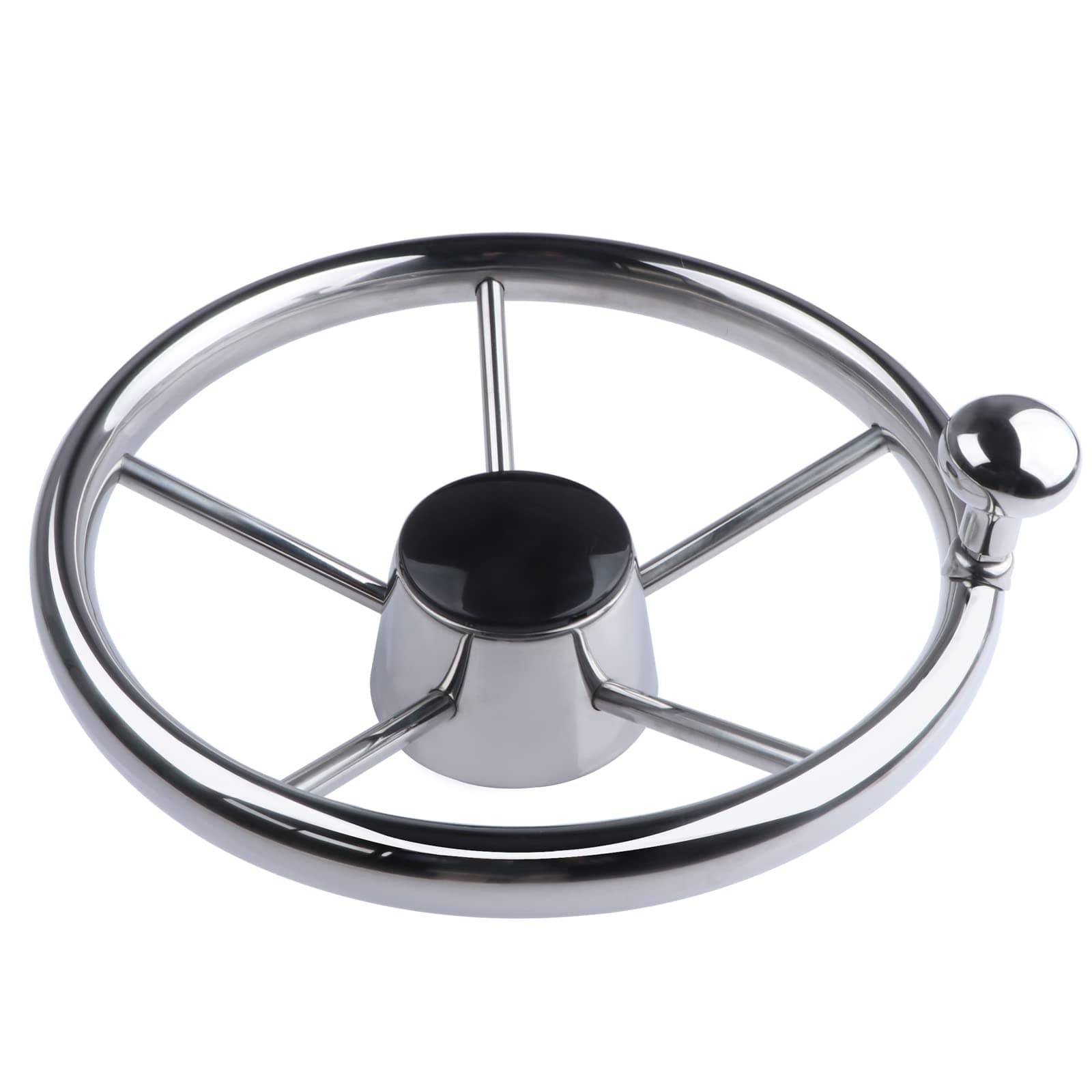 11 inch Boat Steering Wheel, Marine Stainless Steel Steering Wheel Adapter fit 3/4 inch Tapered Shaft, 5 Spoke 25 Degree Destroyer Style with Knob & Center Cap for Boats, Yachts, Pontoon Boats
