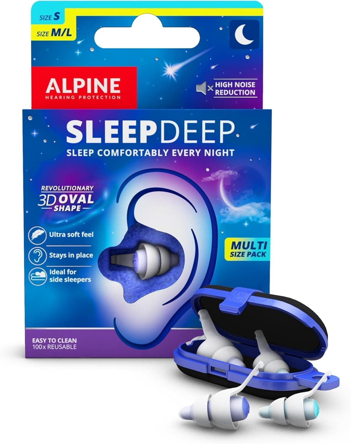 Alpine SleepDeep – Ear Plugs for Sleep - New 3D Oval Shape and Super Soft Reusable Noise Cancelling Ear Plugs - 27dB Noise Reduction - Ideal for Side Sleepers and Block Out Snoring (S+ M/L)