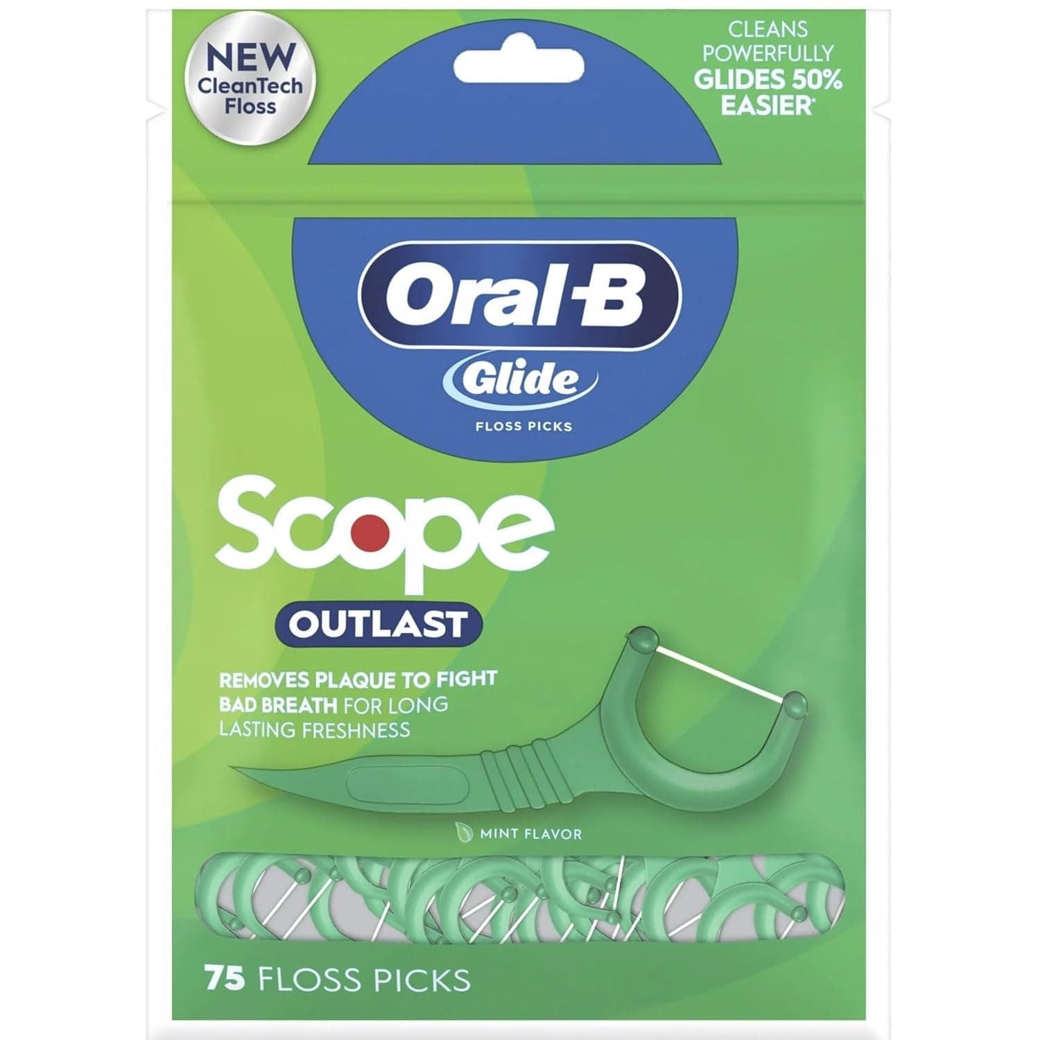 Complete Glide Dental Floss Picks Plus Scope Outlast, Long Lasting Mint, 75 Dental Floss Picks, Pack of 6