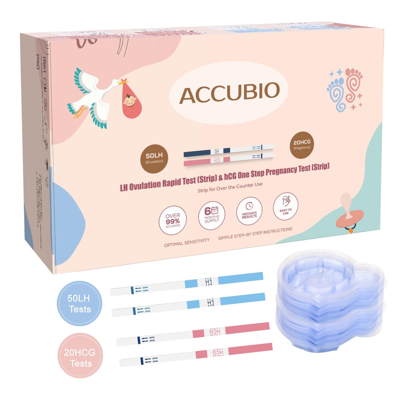 50 Ovulation Test Strips and 20 Pregnancy Test Strips Combo Kit, Rapid Fertility Predictor Kit, Accurate Pregnancy Detection, LH Strips, 5mm Wider, with 70 Urine Cups (50LH+20HCG)