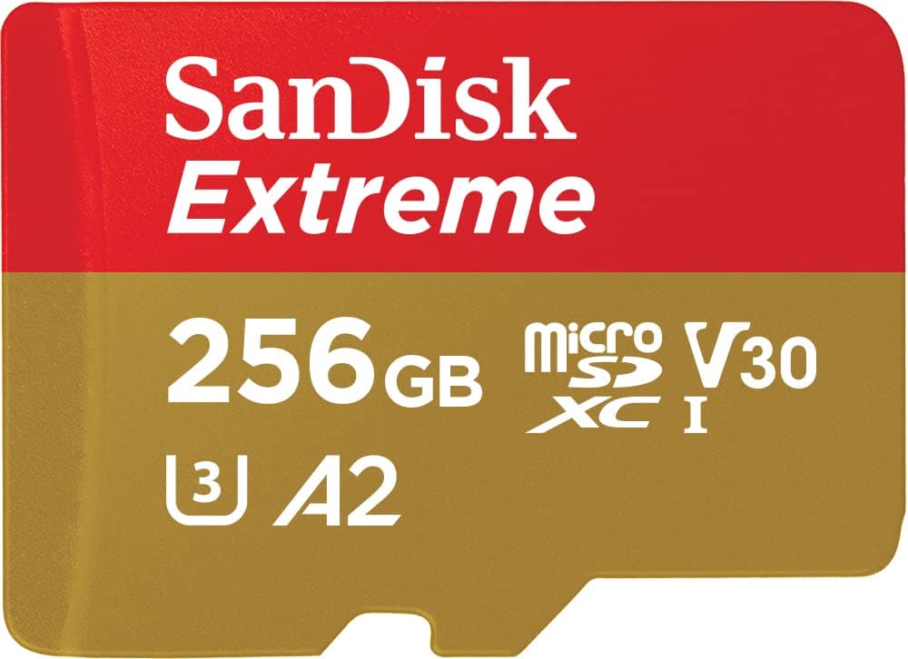 SanDisk Extreme 256 GB microSDXC Memory Card + SD Adapter with A2 App Performance + Rescue Pro Deluxe, Up to 160 MB/s, Class 10, UHS-I, U3, V30, Red/Gold