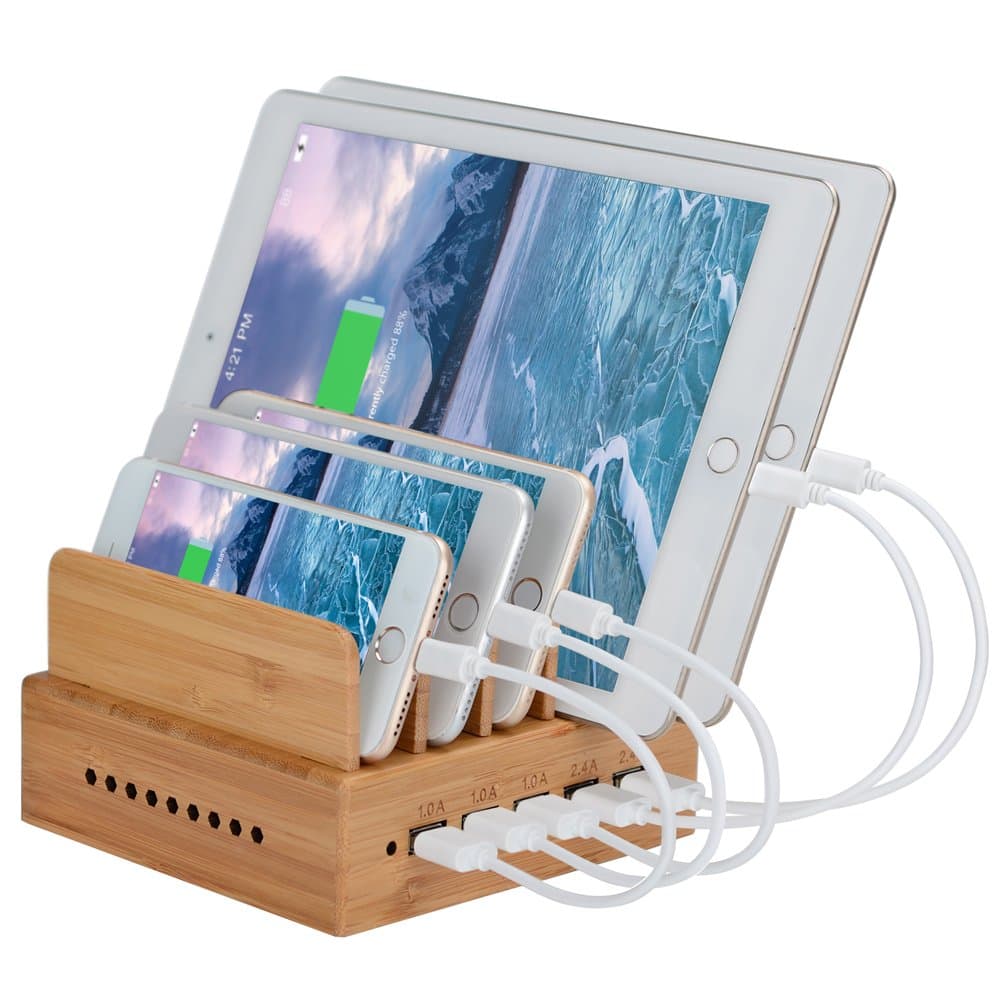 OthoKing Bamboo Charging Station 5 Ports for iPhone iPad Android Universal Smart Phone and Tablet
