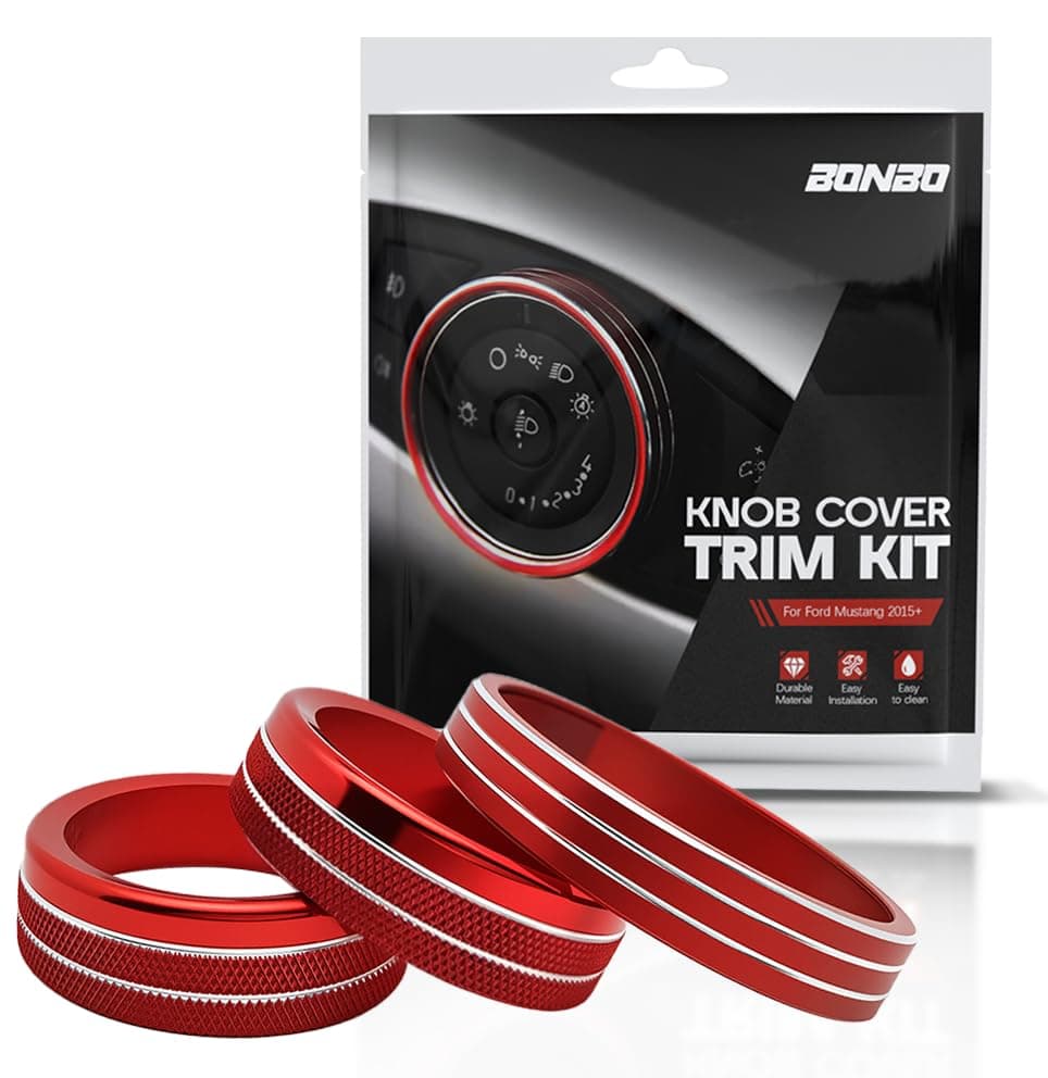 3-Pack Volume Tune Headlight Switch Knob Cover Trim Ring Kit Interior for Ford Mustang 2015-2023（Red）