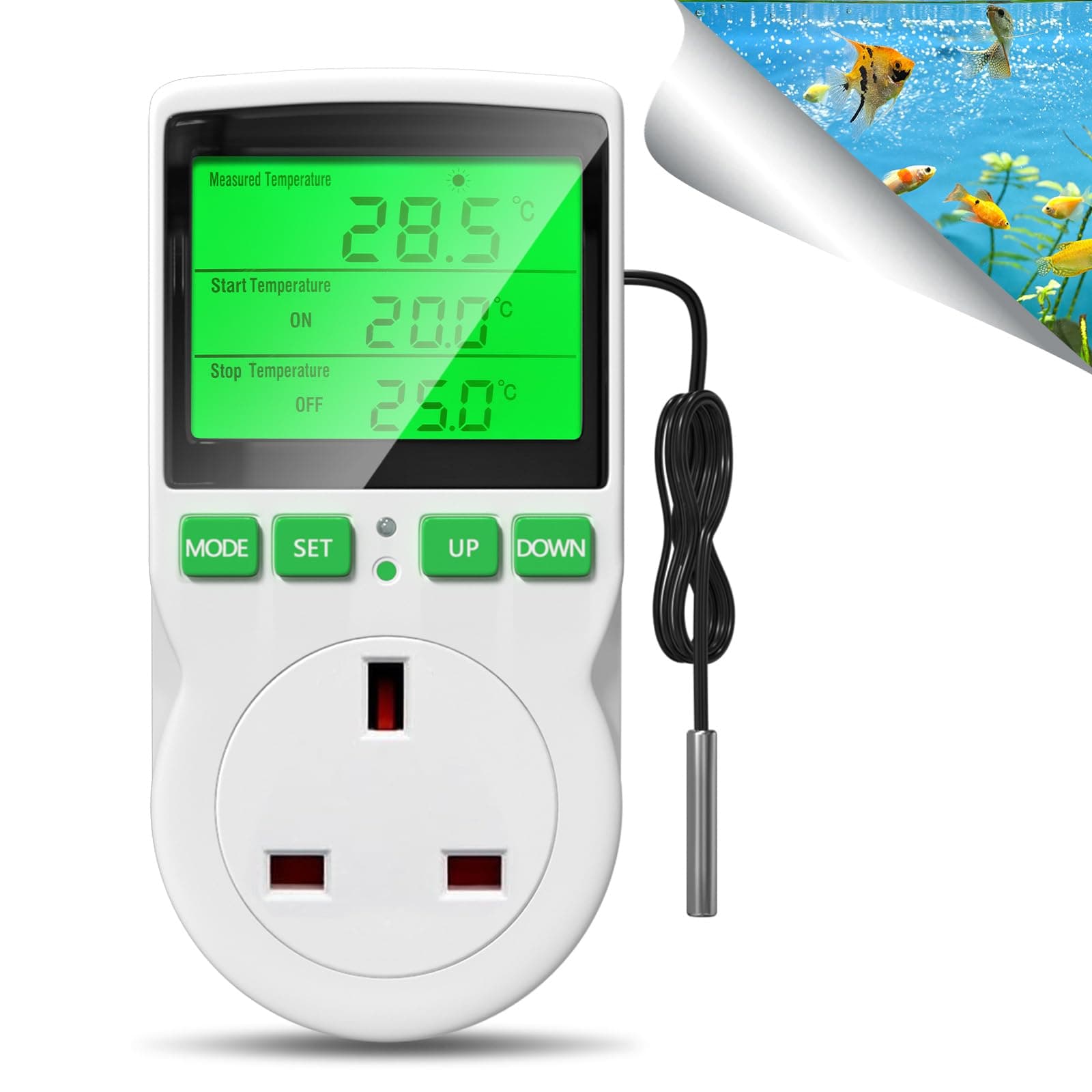 Lamptobe Reptile Thermostat Controller, Digital Temperature Controller Heating Cooling Mode, Thermostat BS Plug LCD Display for Reptile, Incubator, Greenhouse, Refrigerator, Heater(GREEN×1 Pack)