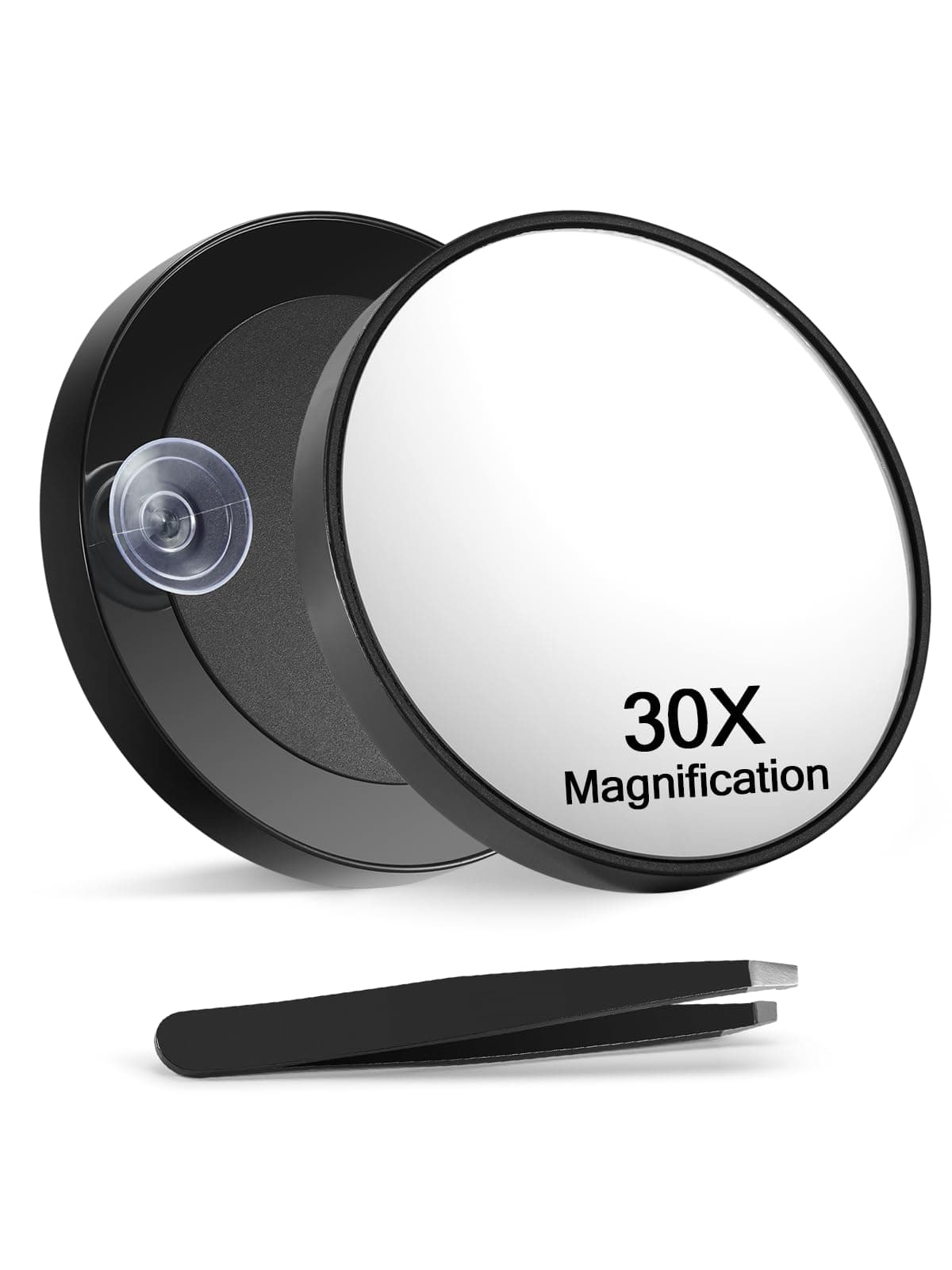 Macaki 30X Magnifying Mirror with 2 Suction Cups, 3.5 inches Magnified Makeup Mirror and Slant Tweezers,Black,1PC