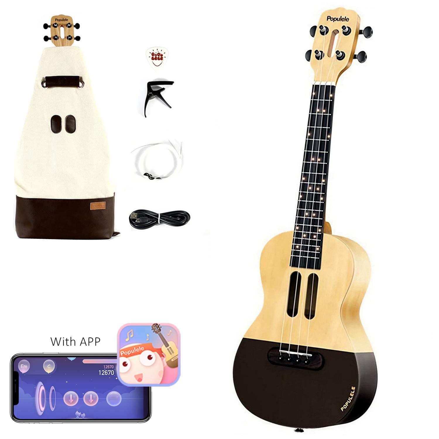 Populele 23" Smart Ukulele, Bluetooth Smart Interactive Concert Ukelele with APP With 72 LED Indicators(Model: Cookie)