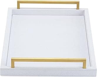 XIGEXIGE White Decorative Tray for Bathroom,Rectangular Shagreen Leather Serving Tray with Handles Decorative,Coffee Table Tray with Handles for Living Room