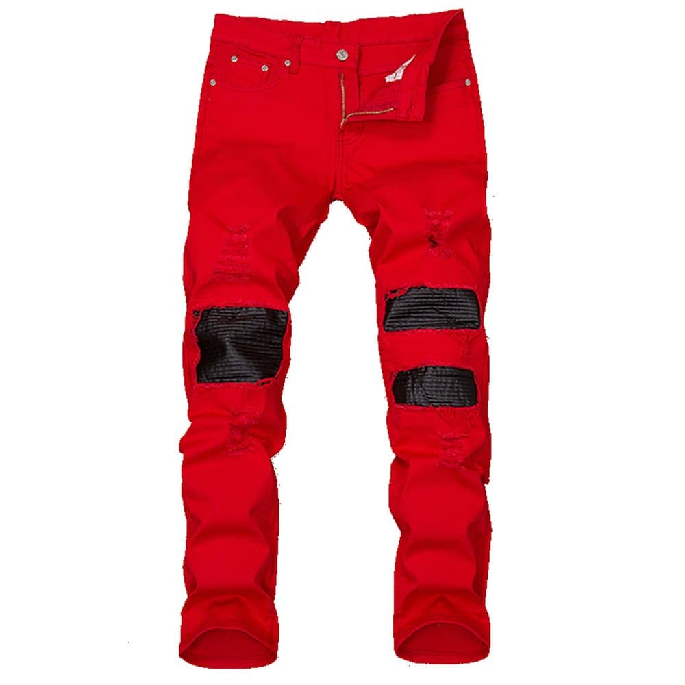 Men's Biker Ripped Holes Paste Leather Fold Straight Classic Regular-Fit Denim Red Jeans Pants Classic Regular-Fit Jean (33, Red)