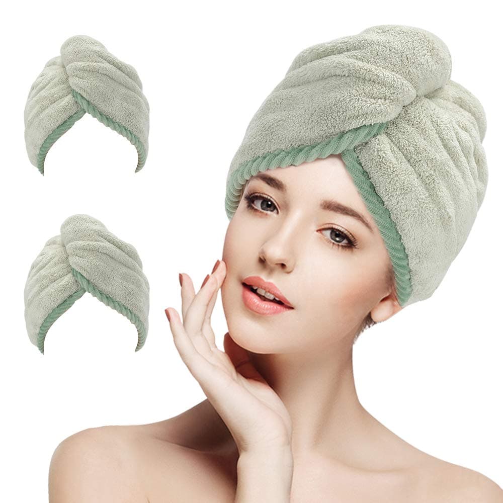 LEARJA 2 Pack Hair Towel Wrap Turban Microfiber Drying Bath Shower Head Towel with Buttons,Learja Quick Dry Super Absorbent for Long & Curly Hair(Green