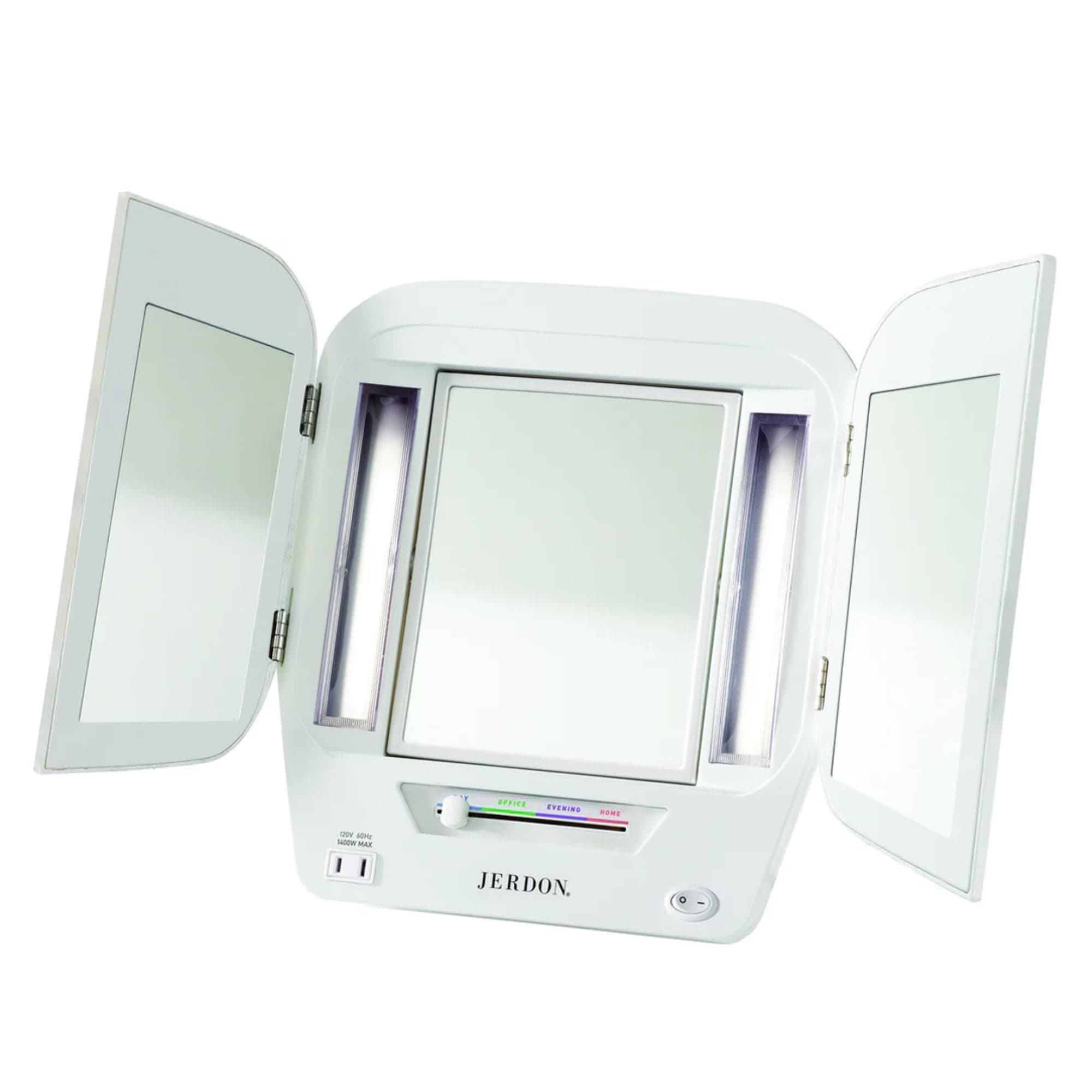 JERDON Modern Tri-Fold Makeup Mirror with Lights - Vanity Mirror with 5X Magnification & Multiple Light Settings - White Base - Model JGL10W