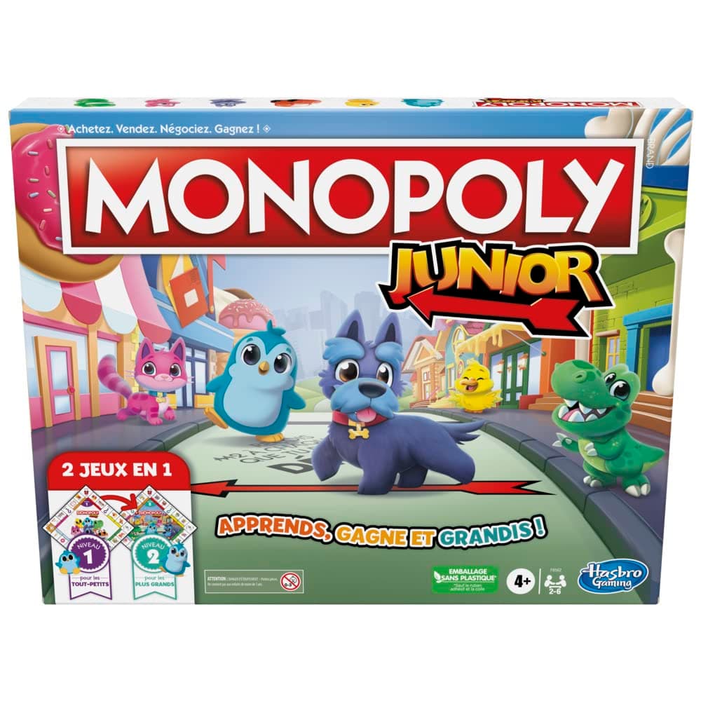 Hasbro Gaming Monopoly Junior Board Game, 2-Sided Game Board, 2 Games in 1, Monopoly Game for Younger Kids, Children's Games, Youth Games (French Version)