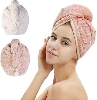 Hair Towel Microfiber Hair Dry Cap with Button 2 Pack (Pink & Beige)