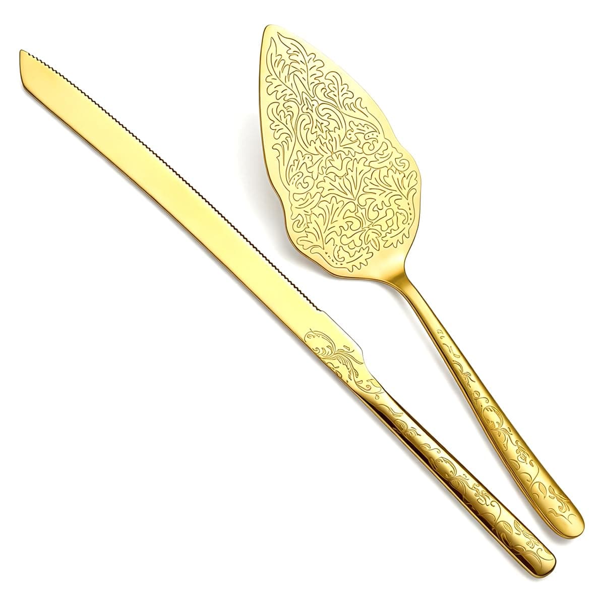 Gold Wedding Cake Knife and Server Set, Titanium Gold Plating With Unique Pattern Design Cake Cutter Serving Set Perfect For Wedding, Birthday, Parties and Events Dishwasher Safe