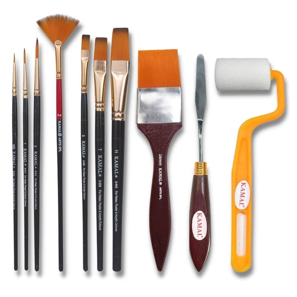 KAMAL Essential Full Toolkit Paint Brushes Set - Paint Brushes Roller and Knife for Acrylic Paints, Oil, Modern Art Painting (Set of 10)(Wood)