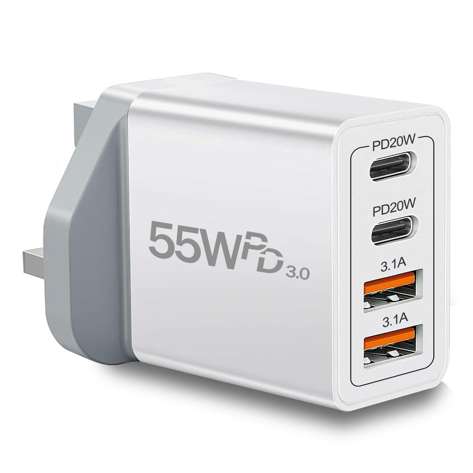 UK Travel Plug Adapter, Type G Plug Adapter 55W 4 Port UK USB C Charger Fast Charging Block UK Ireland Plug Charger for iPhone 17 16 15 14 13 12 11 Pro Max X 8, Galaxy, LG, Pixel, Android