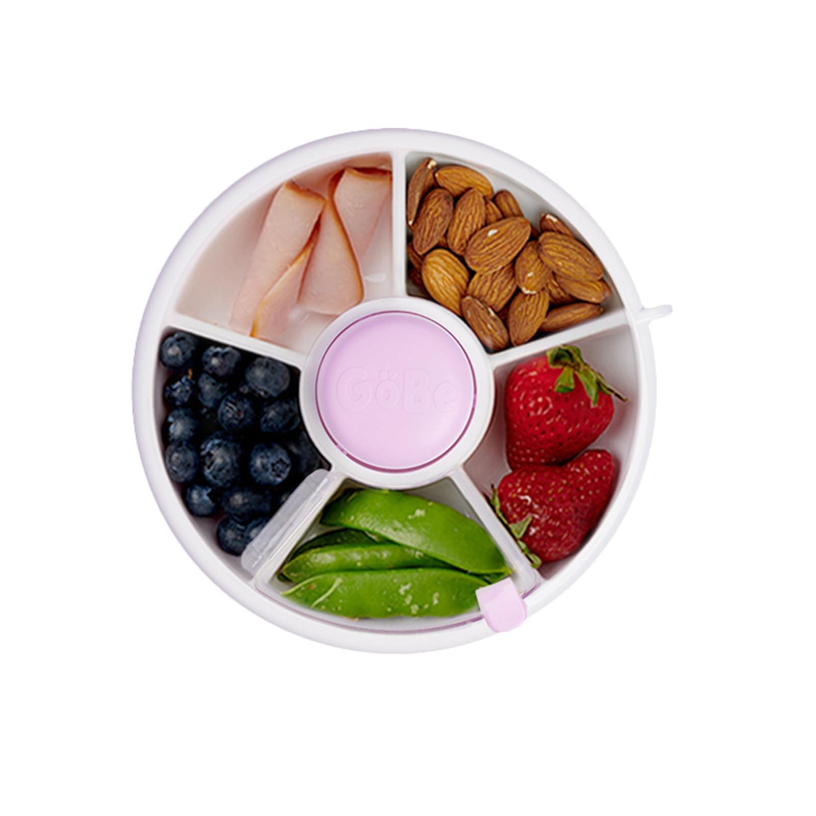 Gobe Kids Snack Spinner Bundle with Hand Strap and Sticker Sheet - Reusable Snack Container with 5 Compartment Dispenser and Lid BPA and PVC Free Dishwasher Safe No Spill, Taro Purple (1P-P-UPC)
