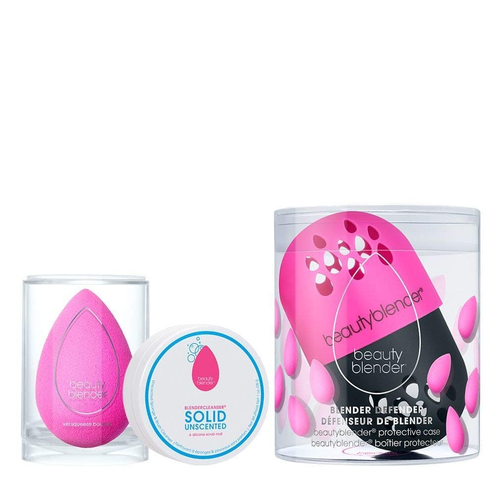 Beautyblender Original Makeup Sponge for Blending Foundations, Blender Defender Case & Solid Blendercleanser Unscented 1oz Set, Vegan and Cruelty Free