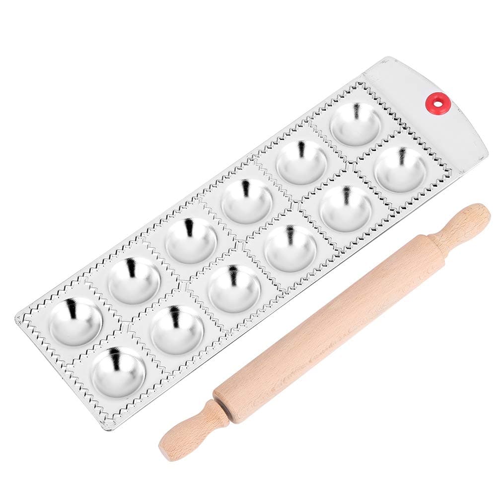 Ravioli Maker Mold, Pasta Making Ravioli Stamp Set with a Rolling Pin Easy Tray with Cutter Square Edges Frame (12 Round Shape)