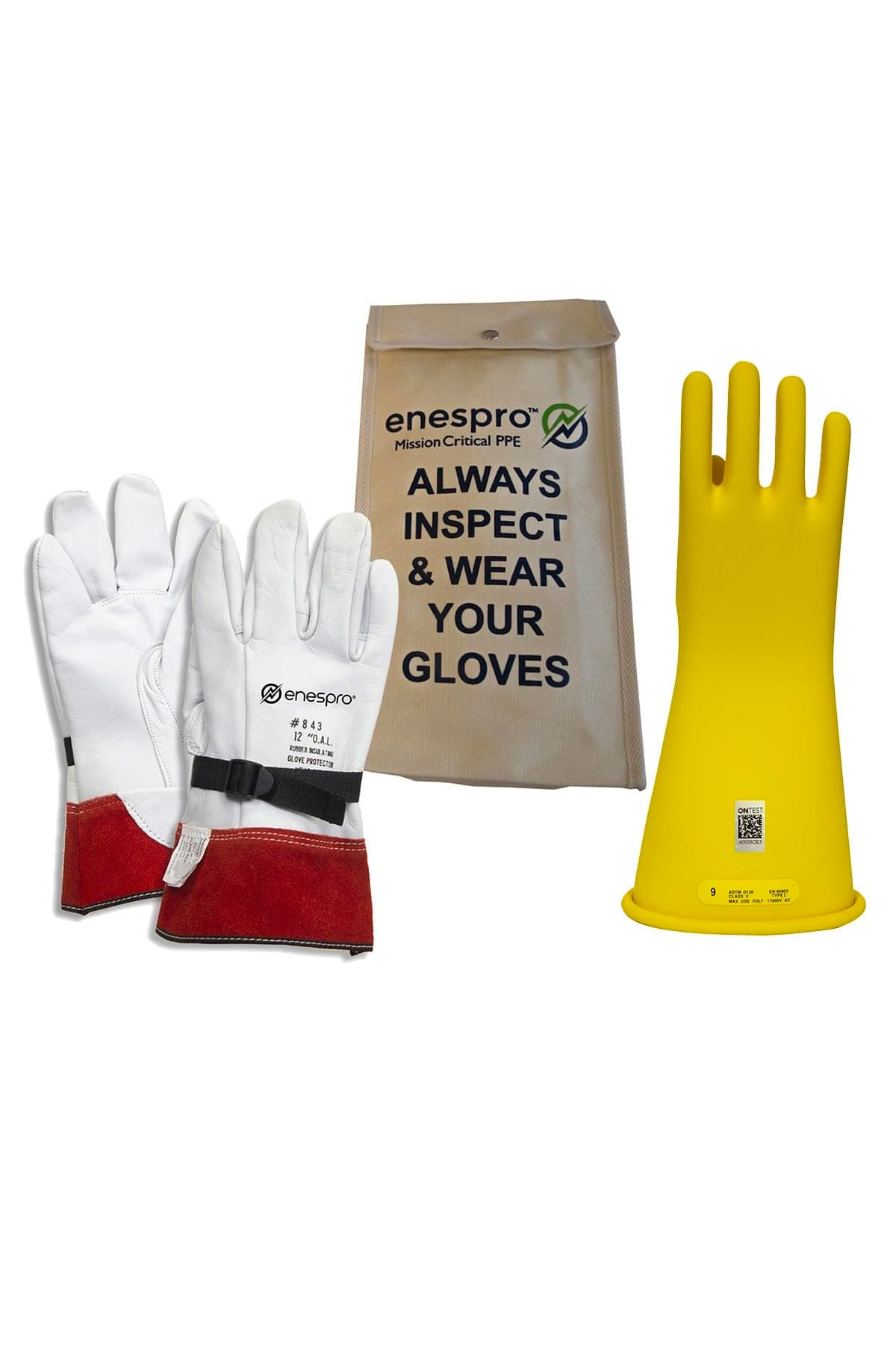 Enespro Class 2 Yellow Rubber Voltage Insulating Glove Kit with Leather Protectors, Max. Use Voltage 17,000V AC/ 25,500V DC (KITGC2Y10)