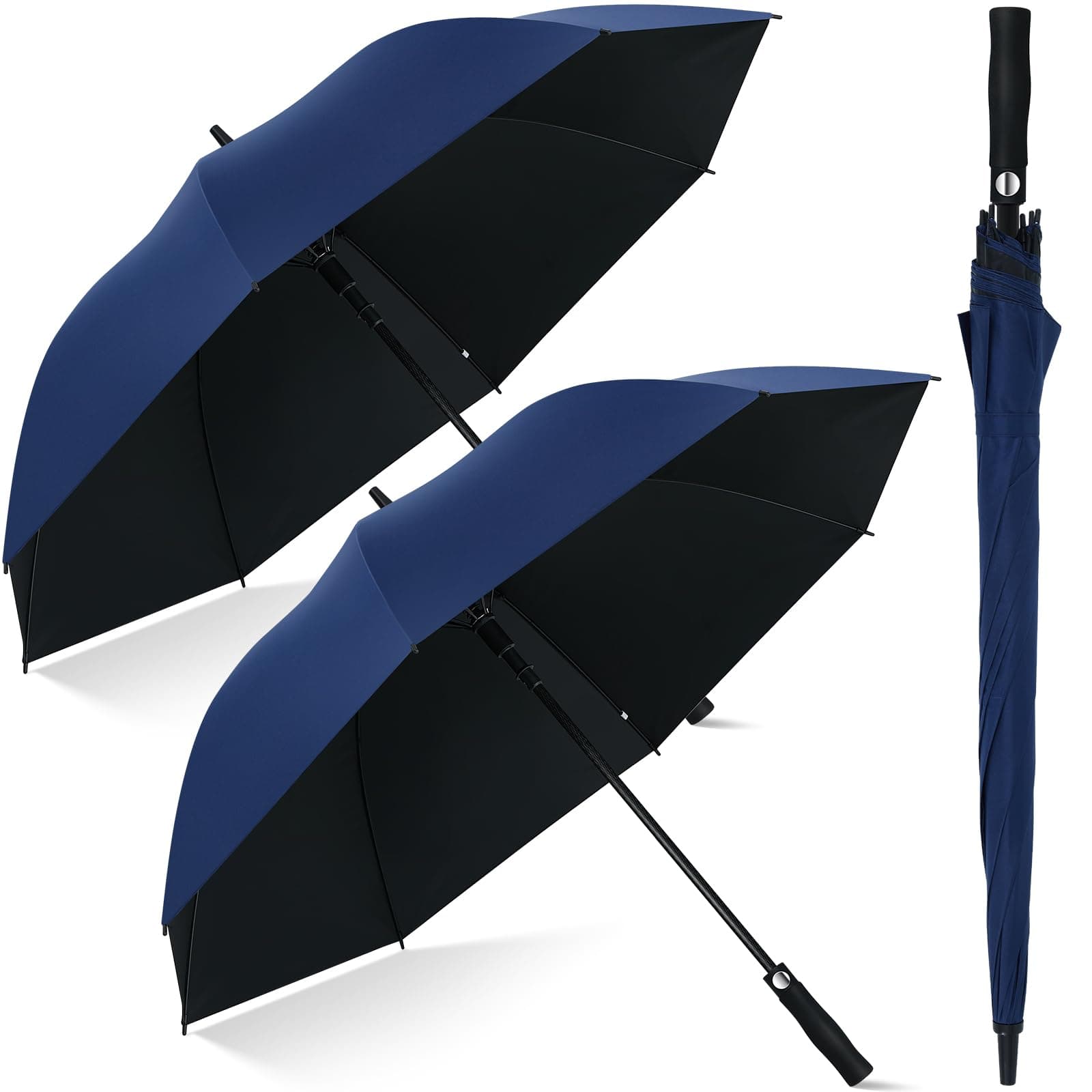 Weewooday 2 Pcs Golf Umbrella Windproof Extra Large 47.2 Inch, Automatic Open, Black Golf Brolly Sports Wind Resistant, UV Protection Waterproof Stick Umbrellas for Rain Sun Wedding