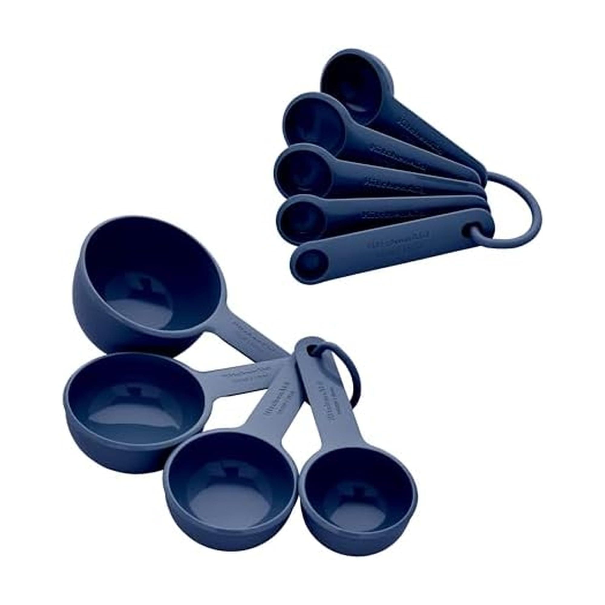 Universal Easy To Read Measuring Cup and Spoon Set with Soft Grip Handle for Maximum Control, Hang Hole and Nesting For Easy Storage, Dishwasher Safe, 9 Piece, Ink Blue