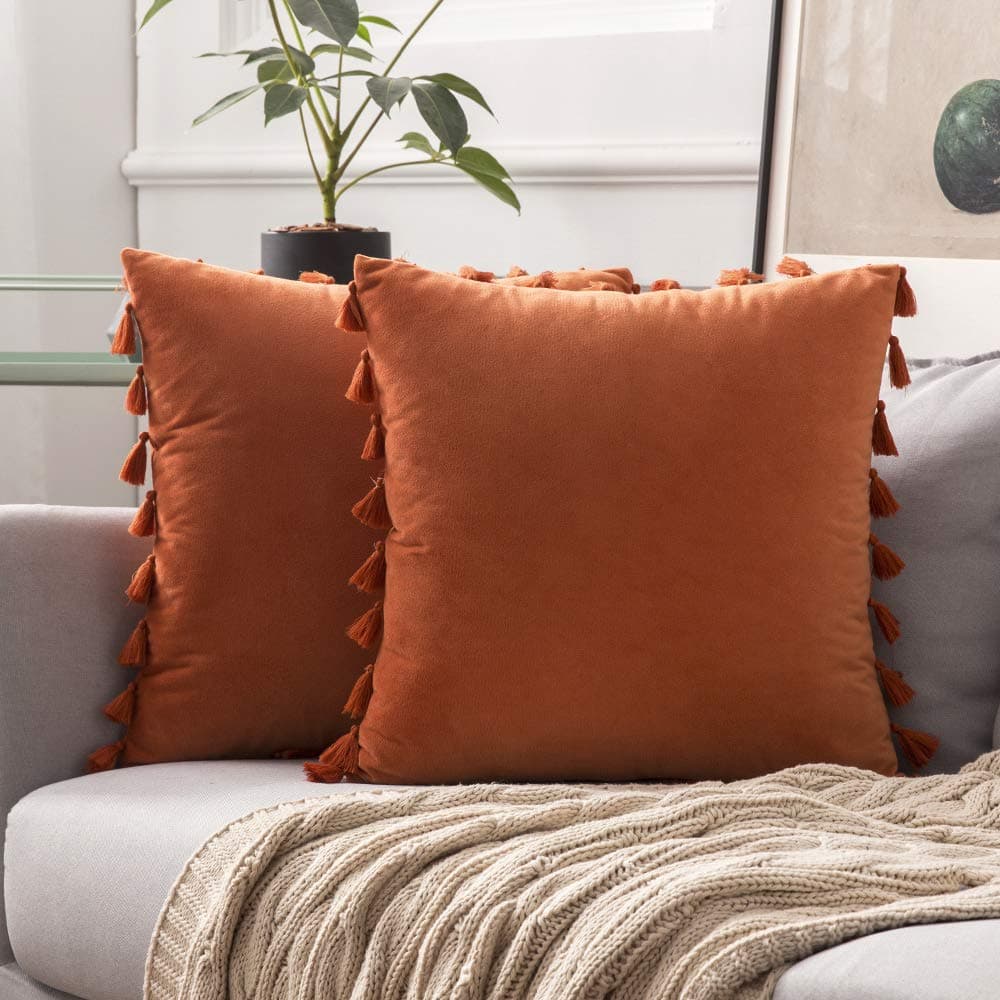 MIULEE Pack of 2 Fall Velvet Soft Decorative Throw Pillow Covers with Tassels Fringe Boho Accent Cushion Case for Couch Sofa Bed 16 x 16 Inch Orange