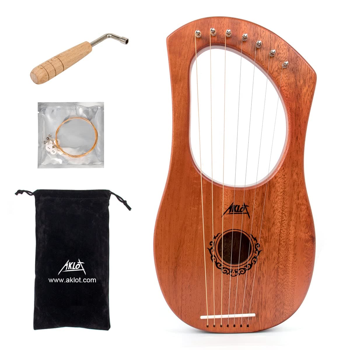 7 String Lyre Harp, 7 Metal Strings Lye Harp Bone Saddle Mahogany with Tuning Wrench and Black Gig Bag