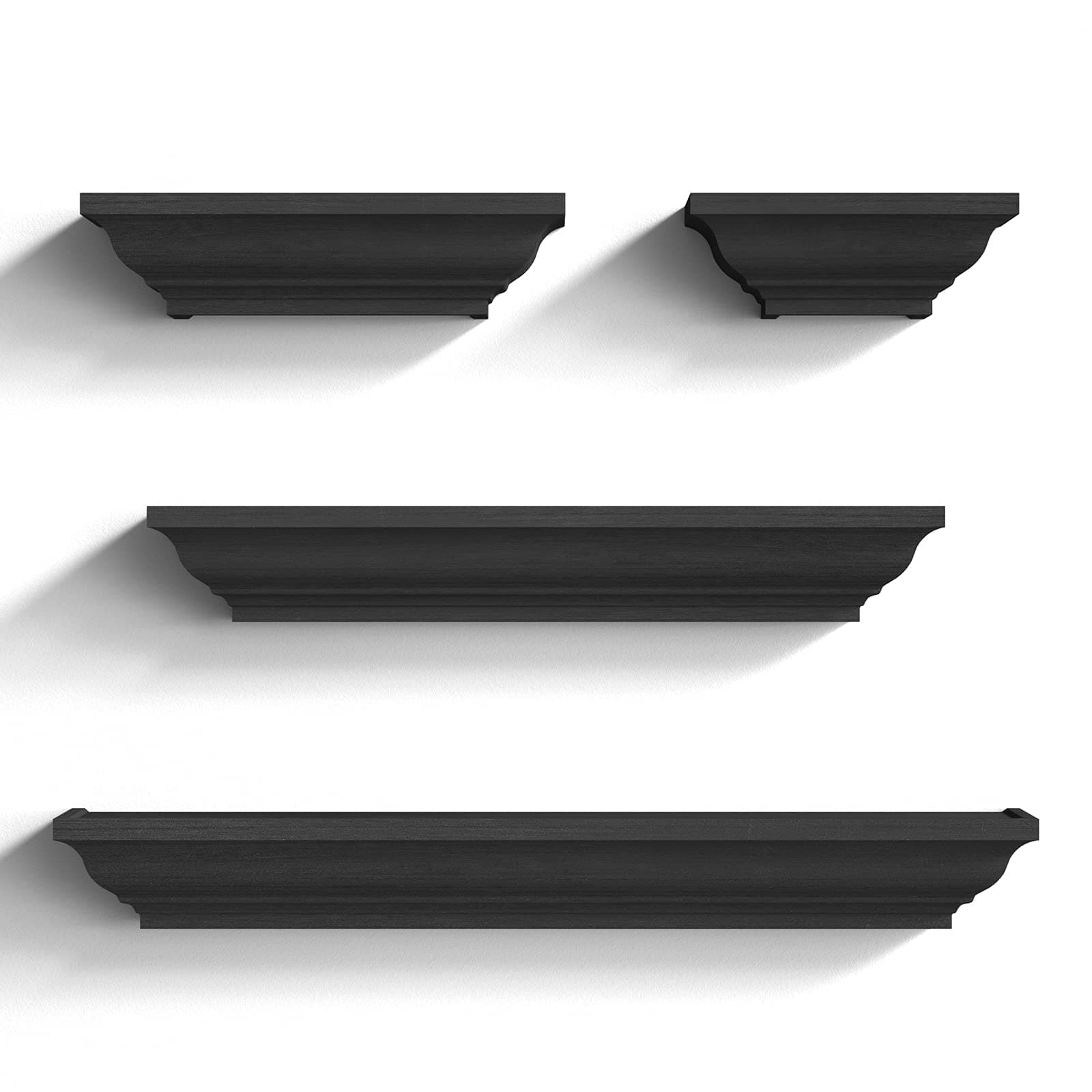 SRIWATANA Black Floating Shelves, Solid Wood Storage Wall Shelves Set of 4 Display Ledge Shelves Decor for Bedroom, Living Room, Bathroom, Kitchen - Black
