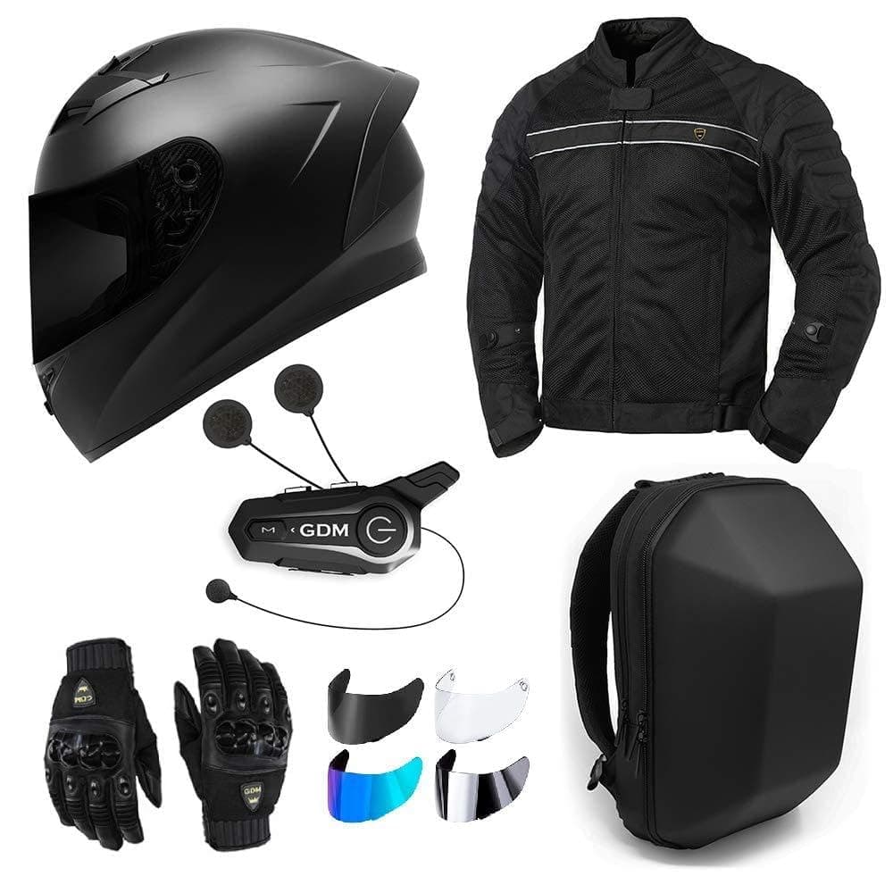 Motorcycle Protective Gear Bundle (Premium Connect) - Helmet, Jacket, Gloves, Shields, Backpack, Bluetooth Intercom