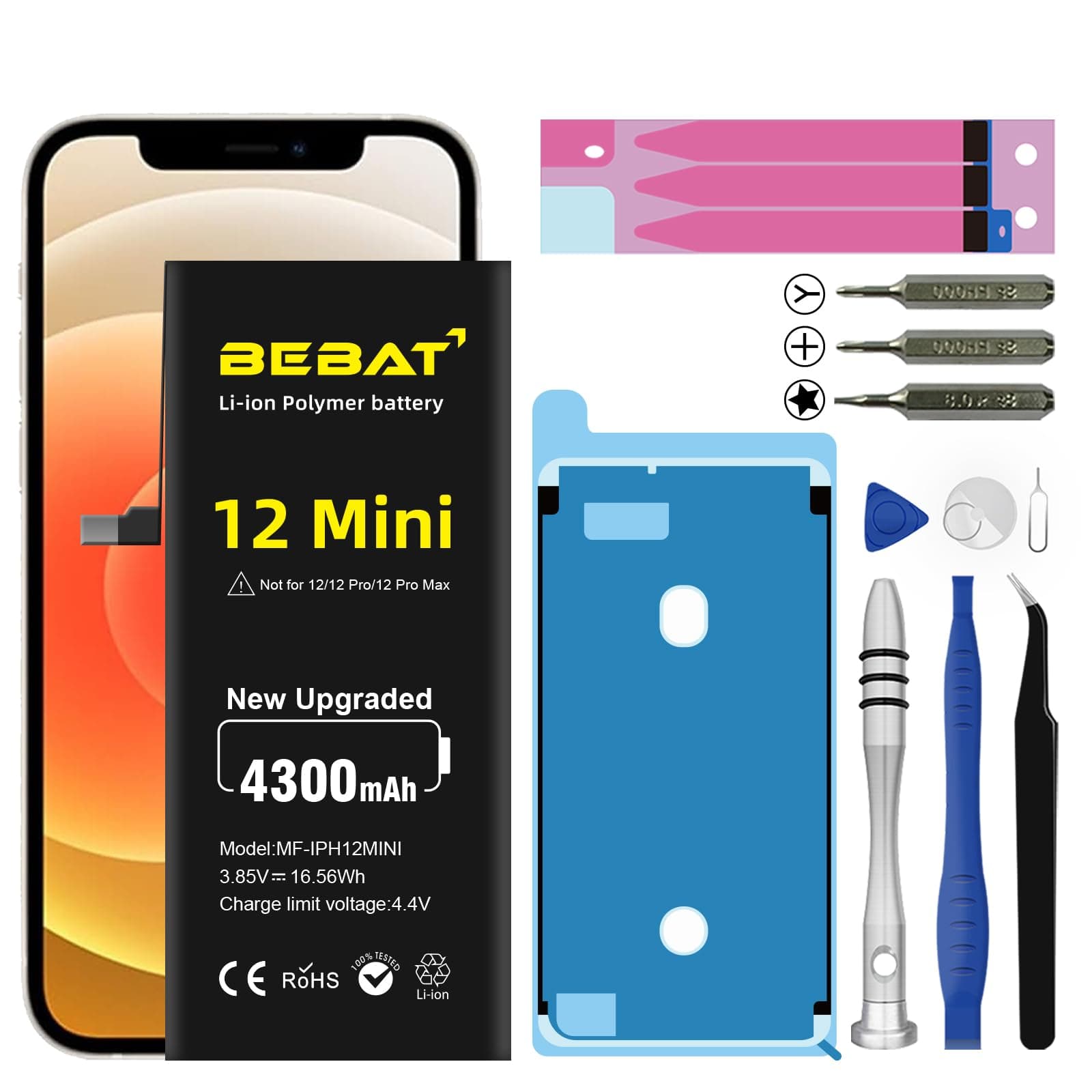 Replacement for iPhone 12 MINI Battery, 4300mAh High Capacity Li-ion Polymer Replacement Battery for Model A2399 A2400 A2398 A2176 with Professional Repair Tool Kits