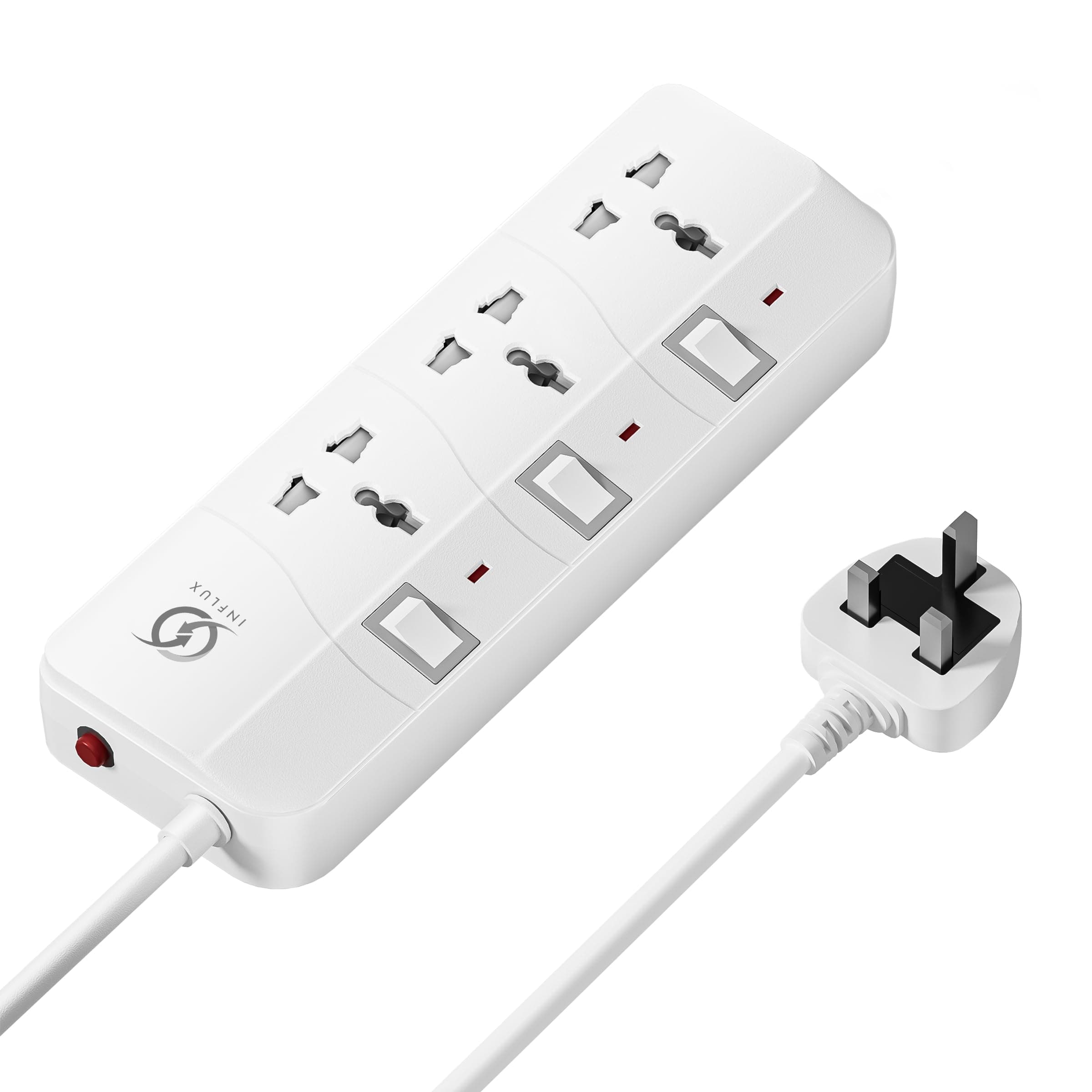 INFLUX 3-Outlet 3-Meter Extension Cord, Multi-Plug Power Extension with Individual Safety Buttons, Ideal for Home, Office