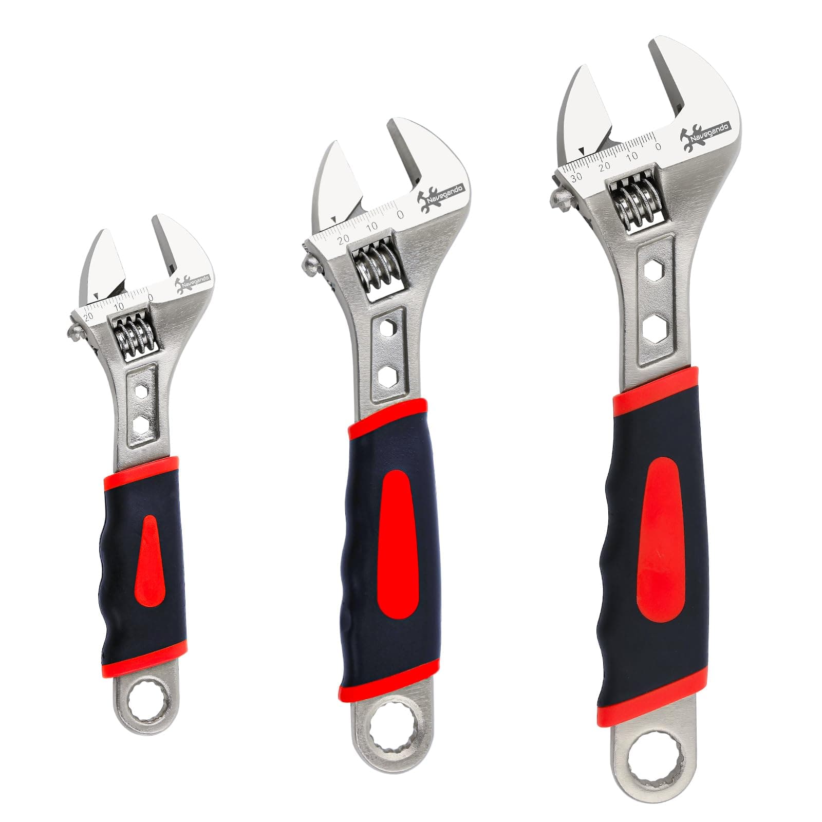 Navegando Adjustable Spanner Set with Soft Grip, 6/8/10-Inch Heavy Duty Adjustable Wrench Tools for Mechanics, 3-Piece