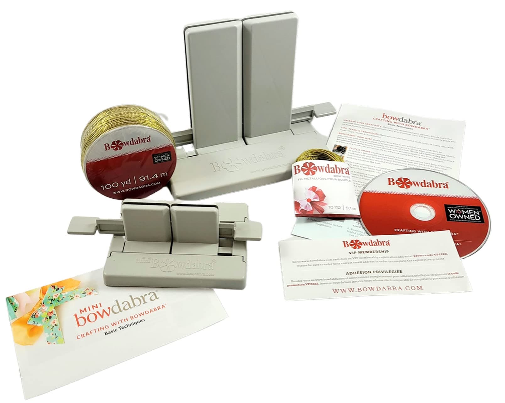 Bow Maker Kit, Bundle with Large Bowdabra, Mini Bowdabra, 100yd Gold Bow Wire for Ribbon Gift Bows, Swags, Decorations, Hair Bows, Party Favors, Corsages, Wreath Bows, Christmas Decor