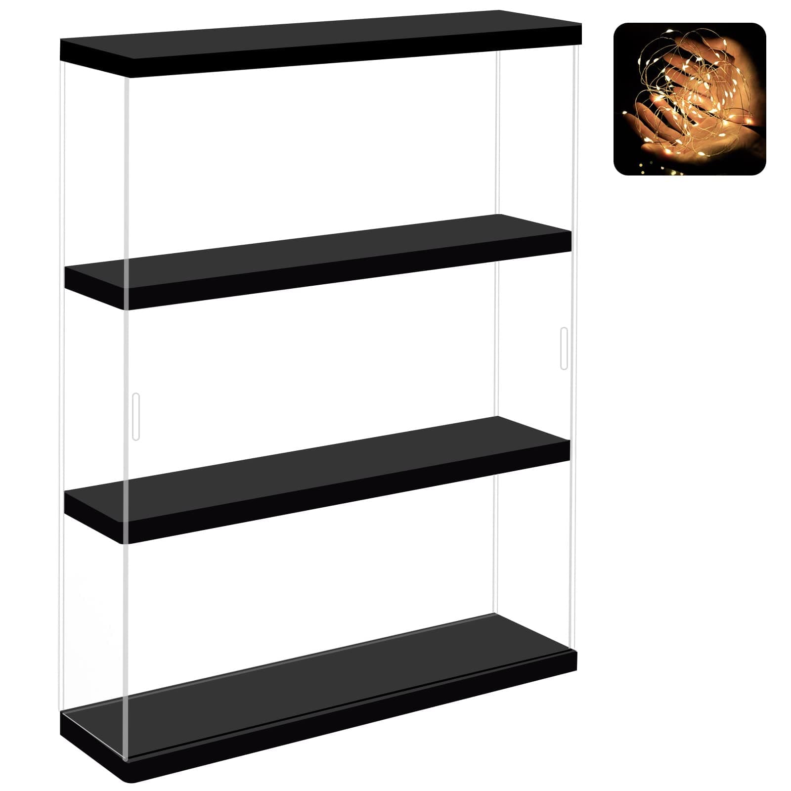 NONEMEY Clear Acrylic Display Case Stand with Wood Base 2 Tier、3 Tier、12/24 Compartments Storage Box Wall Mount Showcase Dustproof Organizer Box for Collectibles (Black 3Tier 12x3.3x15inch)