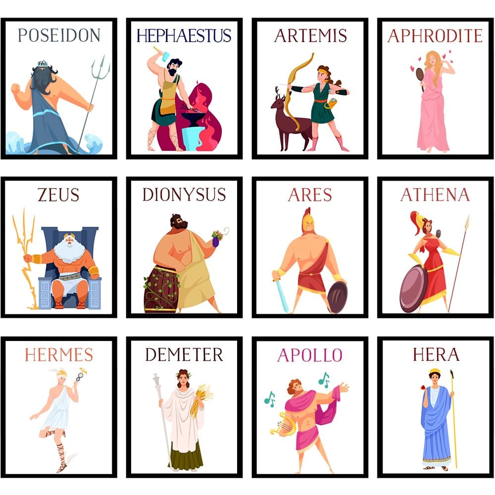 Htabiol Greek Mythology Poster, 12pcs Olympian Gods Posters for Classroom, Greek Mythology Decor for Kids, Twelve Olympian Gods Decor, Fit for Percy Jackson Party Decorations - 8x10 inch, Unframed