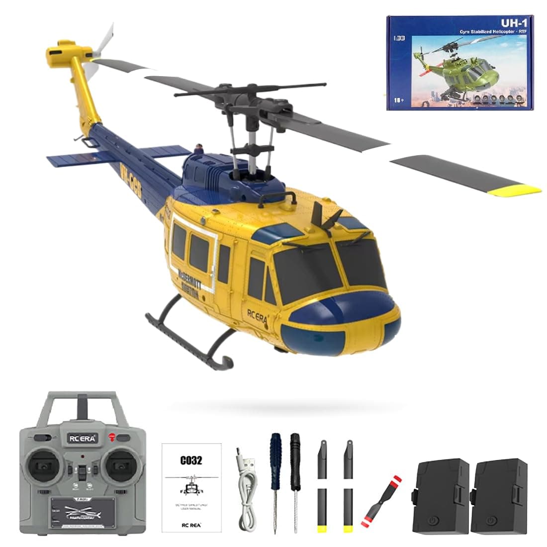 RC ERA C032 RC Helicopter, 1/48 Scale 2.4G 6CH UH-1 Huey Flybarless RC Helicopter, 6-Axis Gyroscope Stabilization, with Altitude Hold & 3D Inverted Flight for Adults Enthusiasts, 2 Battery