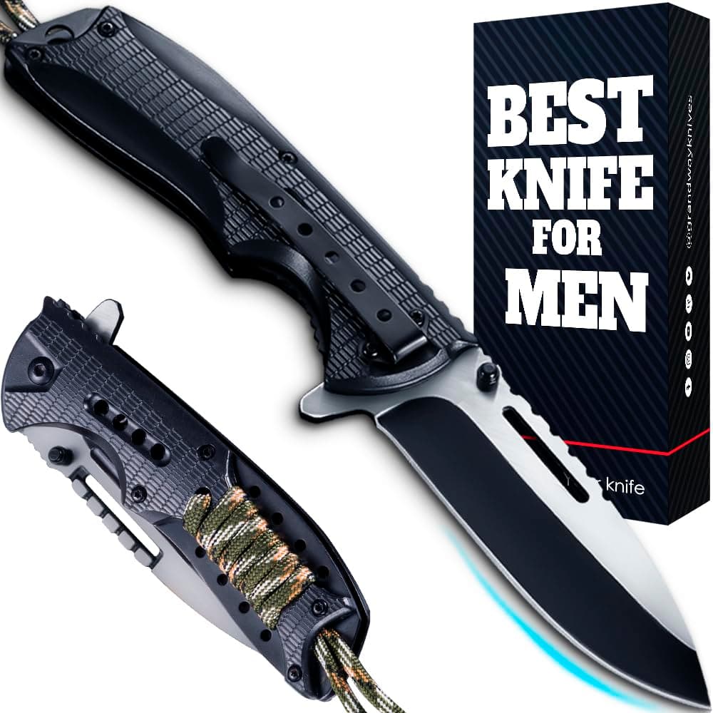 Grand Way Pocket Knife for Men - 3.7” Sharp Blade - Tactical Knife with Paracord Handle Clip - Cool Folding Knives for Camping Survival - Birthday Gift Idea 25443